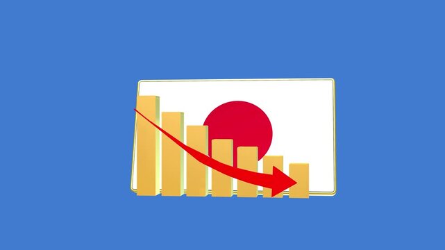 Japan economic bar chart graph showing decreasing downturn with national Flag 3D animation on black background.