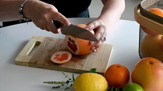 Footage of hands slicing a juicy pink grapefruit on a wooden cutting board with a knife beside fresh citrus and herbs preparing colourful ingredients for a healthy homemade lemonade.