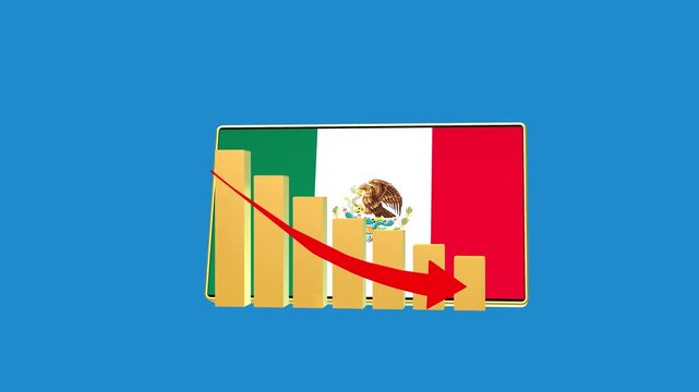 Mexico economic bar chart graph showing decreasing downturn with national Flag 3D animation on black background.