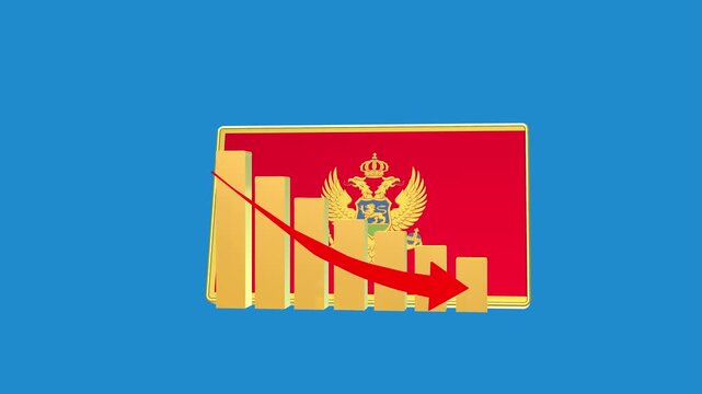 Montenegro economic bar chart graph showing decreasing downturn with national Flag 3D animation on black background.
