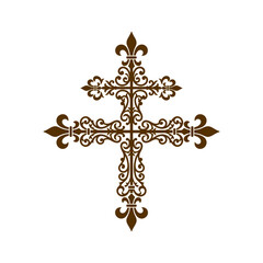 Ornate brown christian cross with floral and fleur de lis details christian religion © Jarina