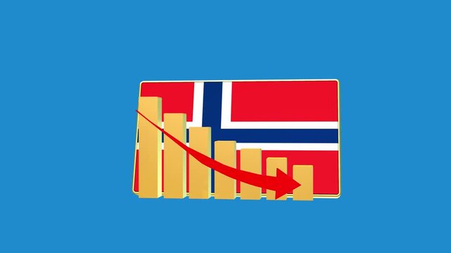 Norway economic bar chart graph showing decreasing downturn with national Flag 3D animation on black background.