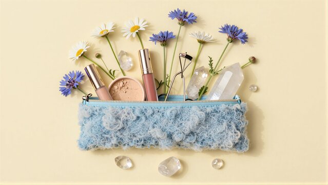 Soft blue pouch holds makeup, crystals, and flowers on a warm beige background.