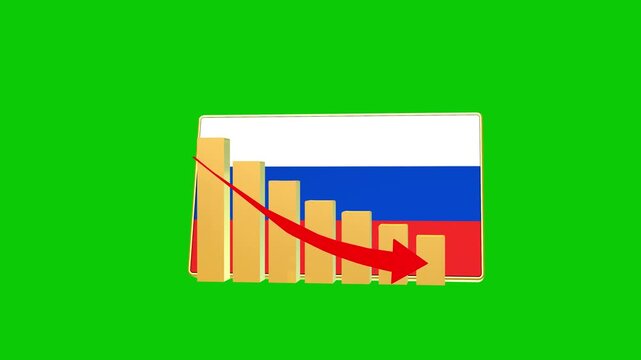 Russia economic bar chart graph showing decreasing downturn with national Flag 3D animation on black background.