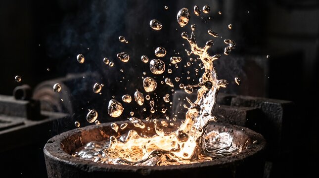 Molten metal splashing from a crucible in an industrial foundry setting