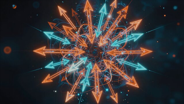 Vibrant glowing arrows radiate outward in a dynamic, cosmic energy burst.