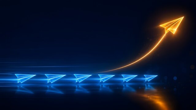 Golden glowing paper airplane flying upwards and breaking away from a group of blue airplanes representing leadership and business success.