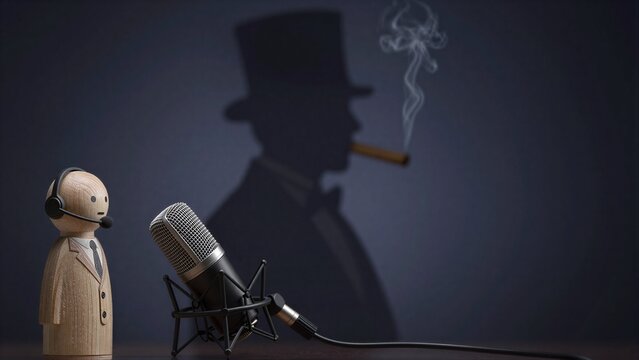 Wooden figure with headset speaks into mic, shadow of cigar-smoking gentleman looms behind.