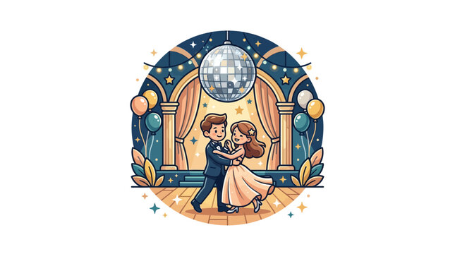 Couple dancing together under a glowing disco ball inside a festive ballroom decorated with balloons.