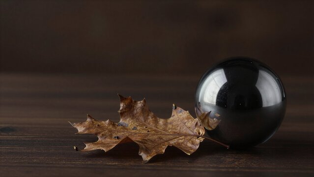 Autumn leaf rests beside a reflective black sphere on dark wooden surface.