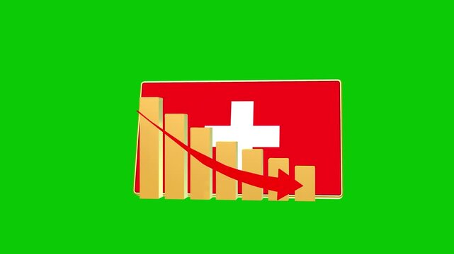 Switzerland economic bar chart graph showing decreasing downturn with national Flag 3D animation on black background.
