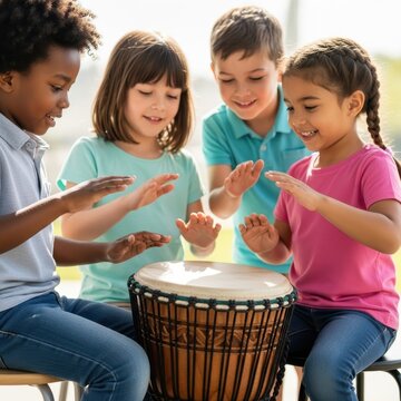 Children playing djembe drum together in a group.