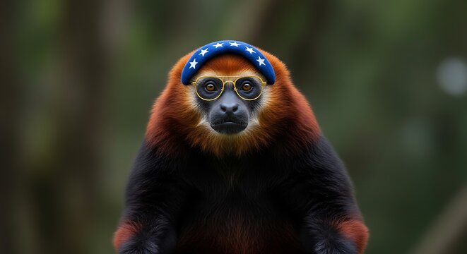 Funny primate wearing patriotic headband and yellow glasses