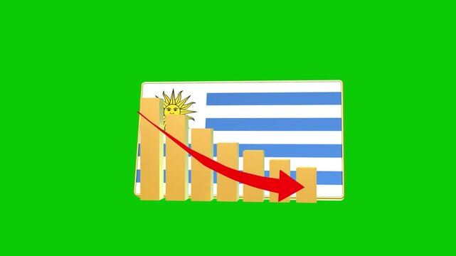 Uruguay economic bar chart graph showing decreasing downturn with national Flag 3D animation on black background.