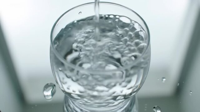 Water pouring into glass, ripples, white background
