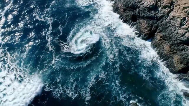 Powerful ocean waves swirl around rocky shore