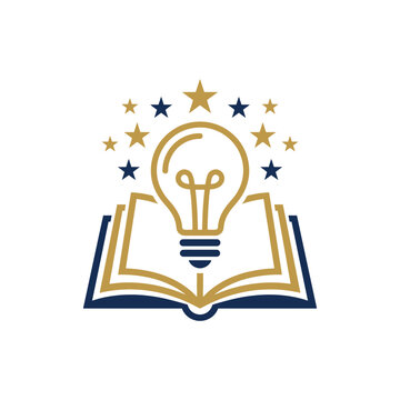 Open book with lightbulb and gold stars illustration.