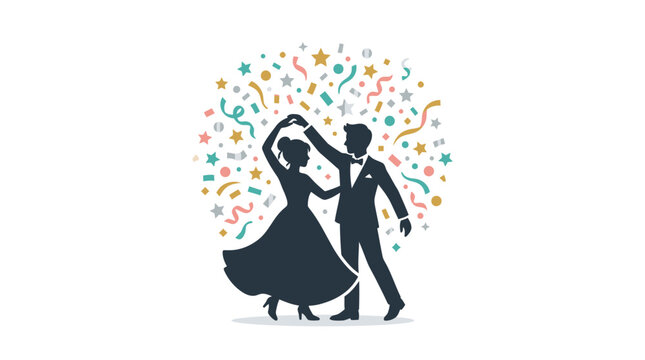 Silhouettes of a couple dancing elegantly beneath a colorful explosion of festive confetti and stars on a white background.