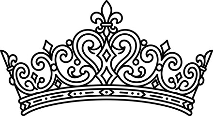Black and white line art crown features intricate scrollwork and a central fleur de lis motif. © nuryadin