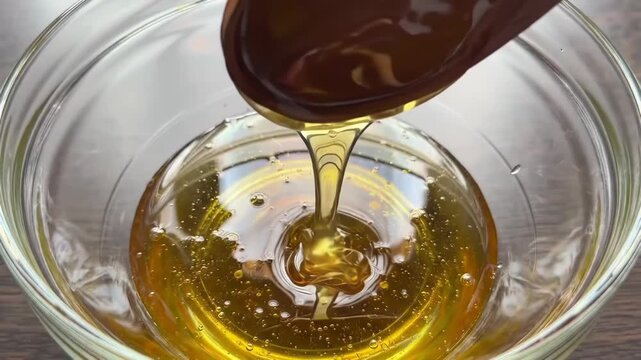 Honey Pouring into Glass Bowl on Wooden Surface