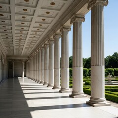 Fototapeta premium Classical colonnade with manicured gardens under clear sky.