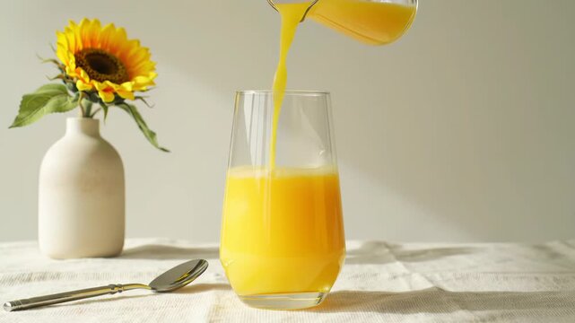 Pouring orange juice into a glass, sunflower in background, on a linen tablecloth