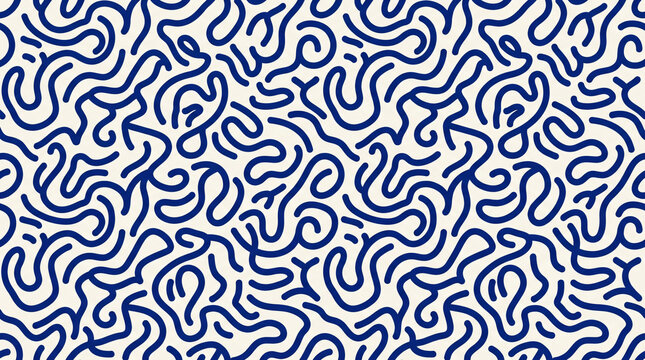 Seamless Abstract Blue Doodle Line Pattern Wallpaper Background