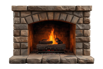 Fototapeta premium Stone block fireplace with glowing fire isolated on transparent background
