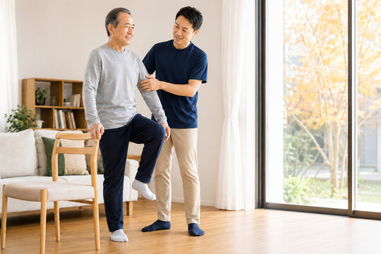 Japanese Senior Man Practicing Balance Exercise with Physical Therapist,理学療法士とバランス運動を行う日本人シニア男性