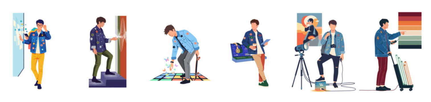 Collection of flat vector illustrations featuring a stylish young man in diverse trendy outfits, engaged in various daily activities and hobbies.