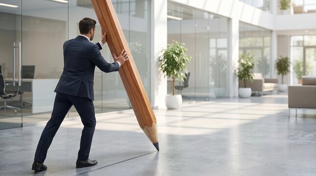 Businessman pushing a giant pencil to draw a line in a modern office