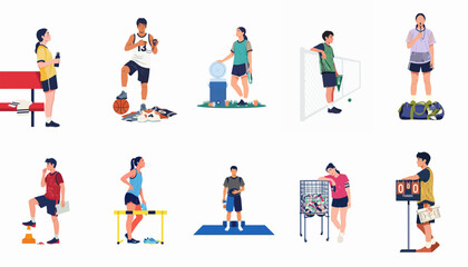 Fototapeta premium Set of flat vector illustrations featuring diverse athletes and sports people in various athletic poses and environments with sports equipment.