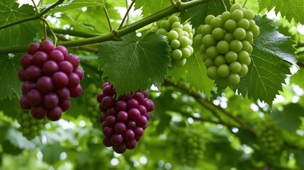 Naklejka premium Grape cluster grapevine fruit vineyard green grape purple grape leaf vine grape cluster grapevine fruit vineyard green grape purple grape leaf vine ripe unripe fresh natural organic agriculture