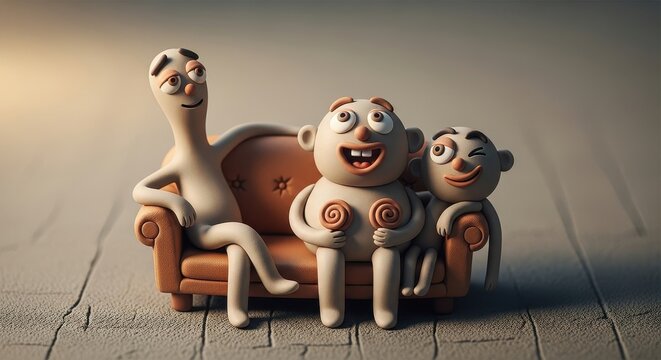 Claymation Characters Sitting on Wooden Chair Scene.