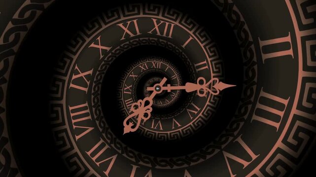 Abstract conceptual background of a spiraling vintage clock face with Roman numerals, Time management concept.