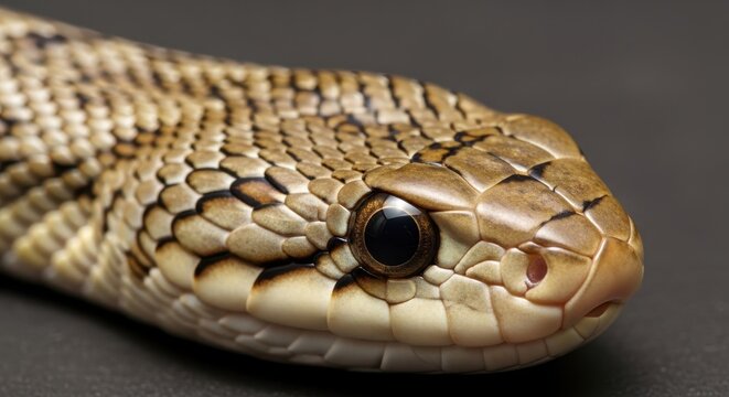 Close up of a brown and beige patterned snake head.