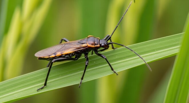 Close up of a brown assassin bug on green grass blade.