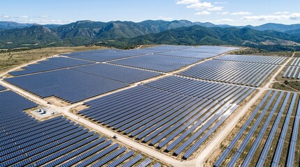 Expansive solar panel farm captures abundant sunlight amid serene mountainous landscape panorama © Firman Dasmir
