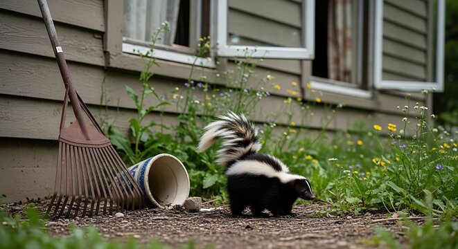 Striped skunk wandering in a residential backyard garden