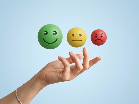 Human hand reaching toward floating 3D emotion icons showing happy neutral and angry faces