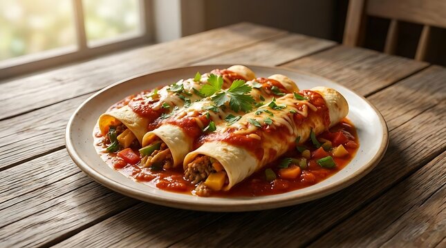Delicious homemade enchiladas served with a rich red tomato sauce and fresh herbs on a rustic wooden table for a traditional comida mexicana dinner