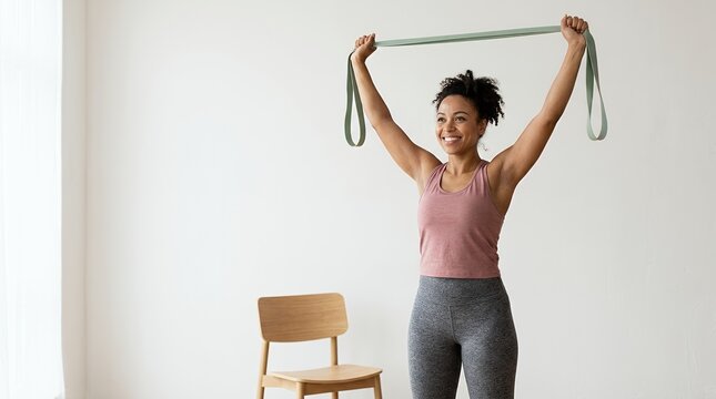Smiling young woman exercising with a resistance band in a bright home studio.