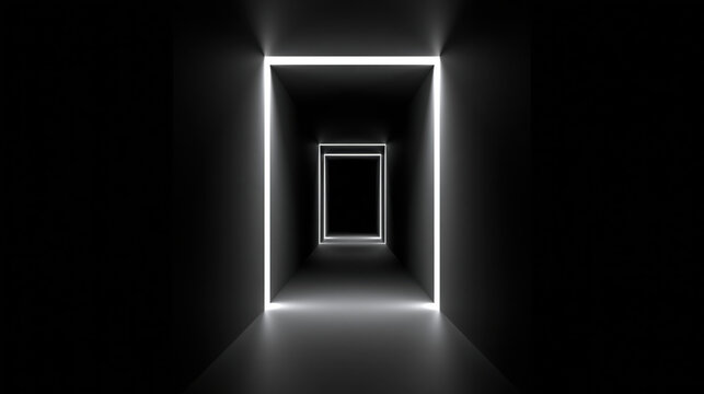 Narrow impossible corridor of white light creating surreal geometric tunnel with glowing rectangular frame and deep black shadow, evoking mystery and futuristic isolation
