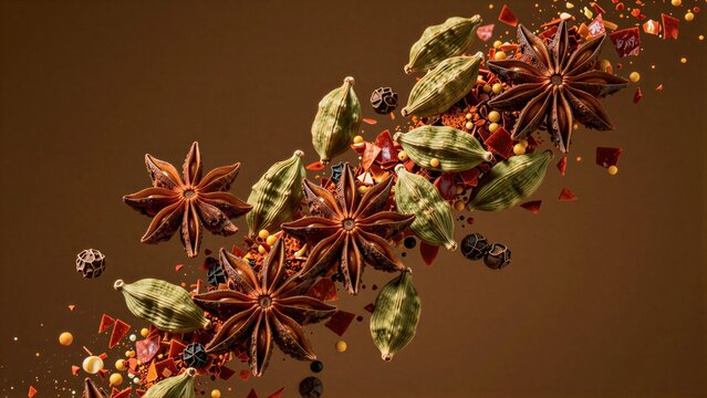 Spices in mid-air: star anise, cardamom, pepper, and seeds against warm brown background.