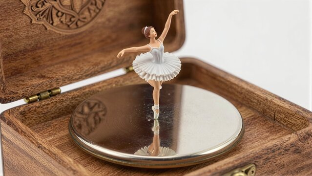 Tiny ballerina dances on wooden music box, reflecting grace and elegance.