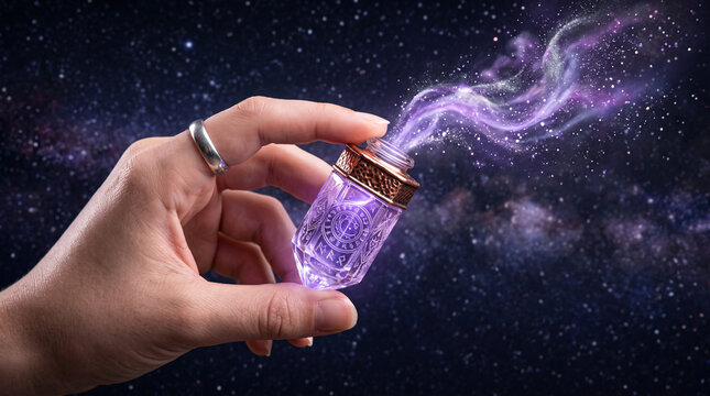 Main tenant un flacon magique diffusant une fum&eacute;e violette dans l&rsquo;espace