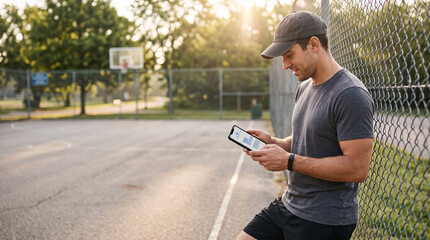 Obraz premium Homme utilisant son smartphone au bord d’un terrain de basket
