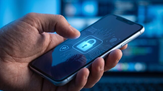 Close-up smartphone security concept showing a hand interacting with a glowing digital lock and encrypted data interface for secure information access and privacy protection.