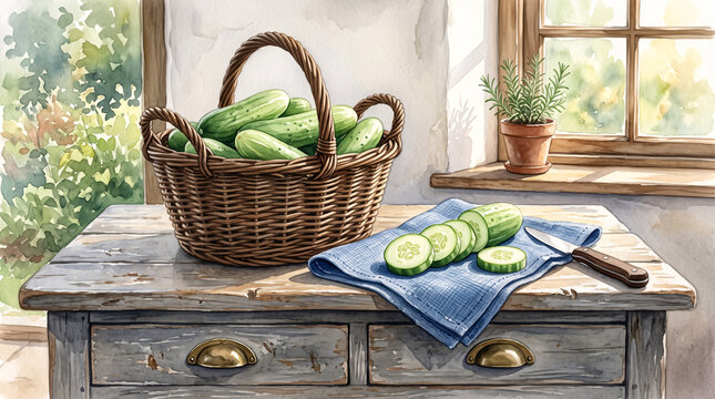 Panier de concombres frais avec tranches coup&eacute;es dans une cuisine