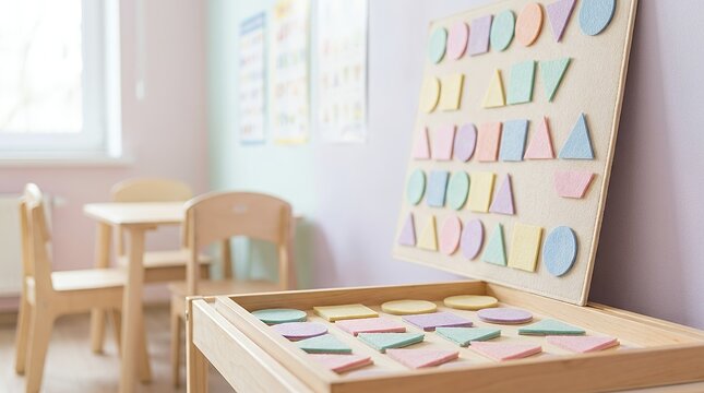 Educational wooden board with colorful geometric shapes for children in a bright preschool classroom.